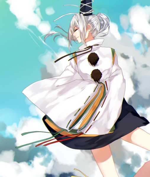 Anime picture 1100x1300 with touhou mononobe no futo tian (my dear) single long hair tall image sky silver hair cloud (clouds) ponytail eyes closed long sleeves traditional clothes japanese clothes profile wind wide sleeves girl