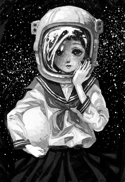 Anime picture 1656x2423 with original ron (pixiv) single tall image looking at viewer short hair black hair sky night sky monochrome space girl skirt serafuku helmet planet spacesuit