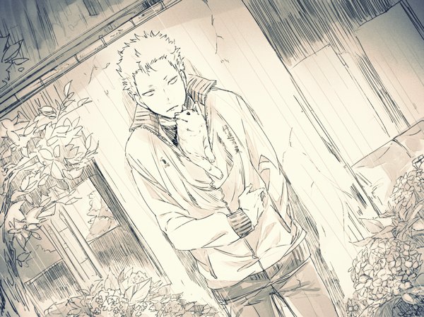 Anime picture 1155x866 with haikyuu!! production i.g tagme (artist) single looking at viewer short hair simple background open clothes open jacket hand in pocket boy plant (plants) animal tree (trees) jacket building (buildings) pants dog