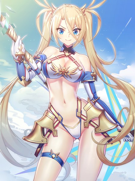 Anime picture 900x1200 with fate (series) fate/grand order bradamante (fate/grand order) ririko (zhuoyandesailaer) single long hair tall image looking at viewer blush fringe breasts blue eyes light erotic smile hair between eyes large breasts standing twintails bare shoulders holding