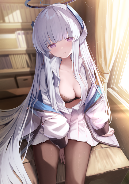 Anime picture 1352x1928 with blue archive noa (blue archive) takashima shoa single tall image looking at viewer fringe breasts light erotic sitting purple eyes silver hair indoors blunt bangs very long hair head tilt pleated skirt open shirt girl skirt