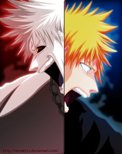 Anime picture 795x1000 with bleach studio pierrot kurosaki ichigo benderzz tall image short hair open mouth yellow eyes traditional clothes japanese clothes profile grey hair orange hair orange eyes coloring multiview angry dual persona screaming manga