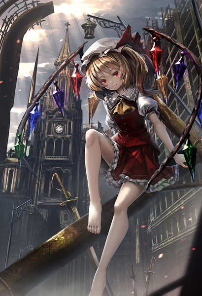 Anime picture 1000x1462 with touhou flandre scarlet ryosios single long hair tall image looking at viewer fringe blonde hair hair between eyes red eyes sitting cloud (clouds) full body outdoors barefoot sunlight bare legs short sleeves puffy sleeves
