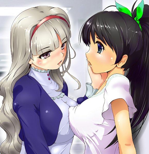 Anime picture 1000x1038 with idolmaster ganaha hibiki shijou takane kgo long hair tall image blush breasts blue eyes light erotic black hair large breasts multiple girls silver hair ponytail pink eyes erect nipples covered nipples shoujo ai symmetrical docking