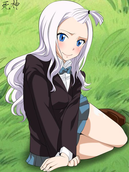 Anime picture 1536x2048 with fairy tail mirajane strauss sophie4391 single long hair tall image blue eyes smile ahoge white hair pleated skirt coloring girl skirt uniform plant (plants) school uniform bowtie grass