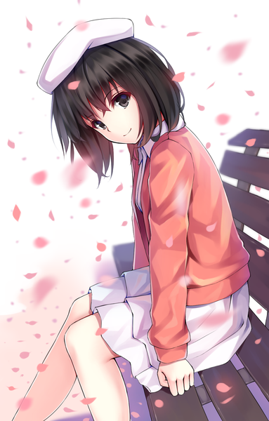Anime picture 1046x1636 with saenai heroine no sodatekata a-1 pictures katou megumi amamaku single tall image fringe short hair smile brown hair sitting brown eyes bent knee (knees) sunlight open clothes arm support open jacket girl dress petals