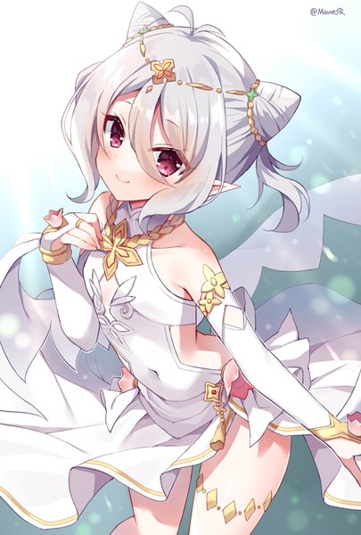 Anime picture 600x888 with princess connect! re:dive princess connect! kokkoro (princess connect!) mauve single tall image looking at viewer fringe short hair smile hair between eyes purple eyes twintails signed silver hair ahoge pointy ears hair bun (hair buns) twitter username covered navel