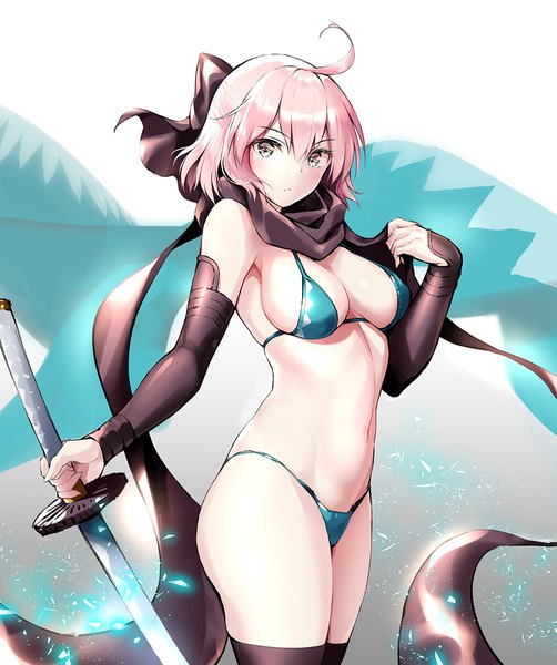 Anime picture 1000x1196 with fate (series) fate/grand order koha-ace okita souji (fate) (all) okita souji (koha-ace) suishougensou single tall image looking at viewer blush fringe short hair breasts light erotic blonde hair hair between eyes large breasts holding yellow eyes ahoge