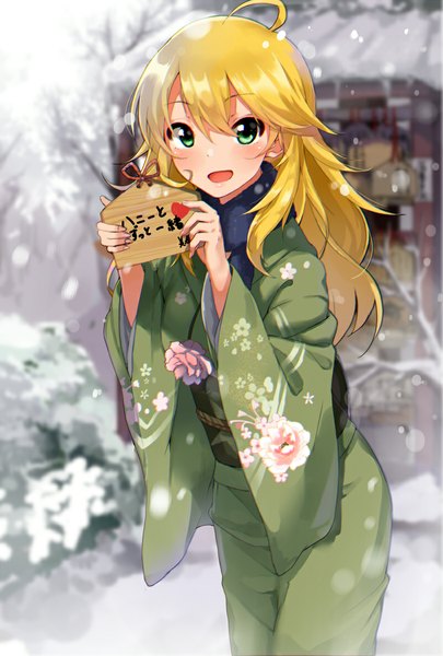 Anime picture 800x1184 with idolmaster idolmaster (classic) hoshii miki kurokin single long hair tall image looking at viewer blush blonde hair green eyes ahoge traditional clothes japanese clothes wide sleeves snowing winter snow girl kimono