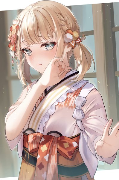 Anime picture 2593x3907 with virtual youtuber hololive kazama iroha kazama iroha (new year) kazama iroha (2nd costume) kabi akaru single tall image blush highres short hair blue eyes blonde hair twintails upper body traditional clothes japanese clothes embarrassed low twintails official alternate costume