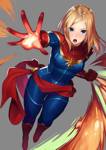 Anime picture 1251x1770 with marvel comics captain marvel carol danvers kagematsuri single long hair tall image looking at viewer blush open mouth blue eyes simple background blonde hair full body grey background outstretched arm fighting stance superhero girl gloves