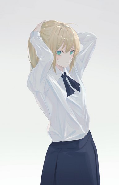 Anime picture 2619x4083 with fate (series) fate/stay night artoria pendragon (all) saber 7ife single long hair tall image looking at viewer fringe highres simple background blonde hair hair between eyes standing ahoge aqua eyes gradient background adjusting hair tying hair