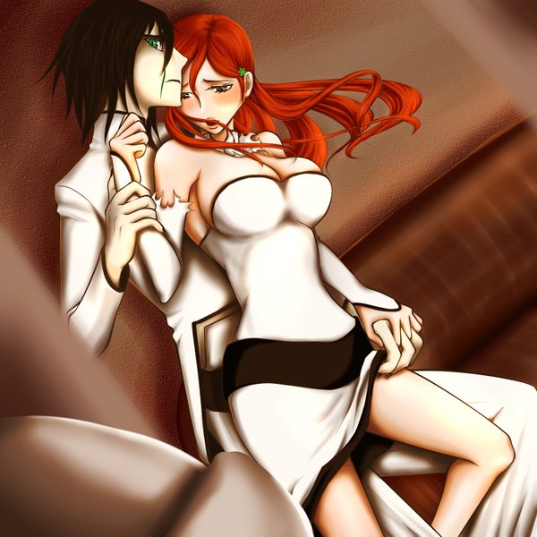 Anime picture 1500x1500 with bleach studio pierrot inoue orihime ulquiorra schiffer nova (artist) long hair blush fringe short hair breasts open mouth light erotic black hair large breasts bare shoulders brown eyes green eyes orange hair legs torn clothes