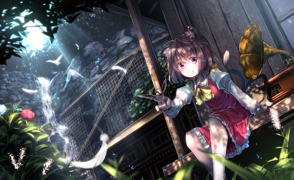 Anime picture 1631x1000 with touhou chen ryosios single looking at viewer short hair red eyes brown hair wide image sitting animal ears tail animal tail cat ears cat girl cat tail multiple tails girl dress flower (flowers)