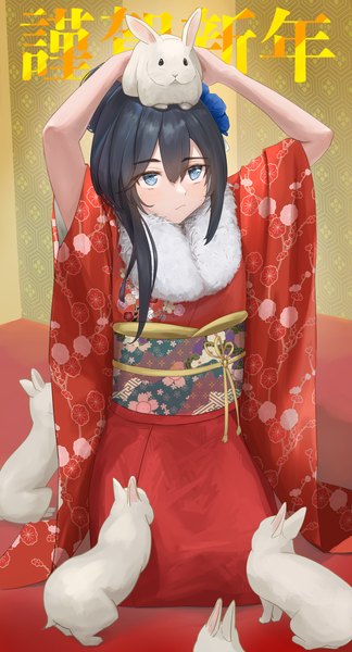 Anime picture 3602x6680 with original uzurako single long hair tall image fringe highres blue eyes black hair hair between eyes sitting absurdres traditional clothes japanese clothes arms up floral print new year seiza animal on head nengajou