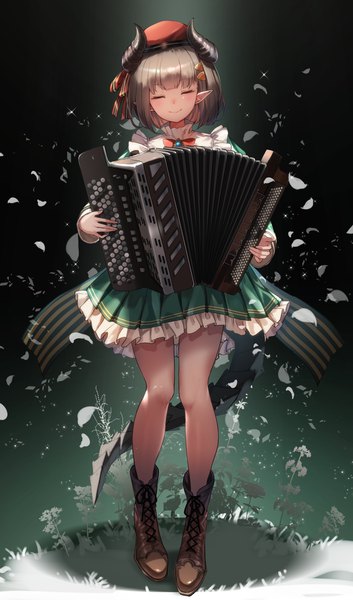 Anime picture 1000x1700 with original yu ni t single tall image short hair smile brown hair standing full body tail eyes closed horn (horns) pointy ears bare legs lacing playing instrument girl petals beret knee boots