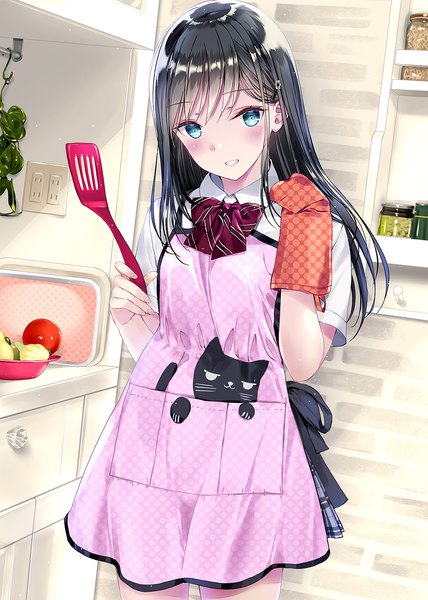 Anime picture 1021x1431 with original kobayashi chisato single long hair tall image looking at viewer blush fringe blue eyes black hair smile standing holding indoors parted lips pleated skirt short sleeves plaid skirt animal print cooking