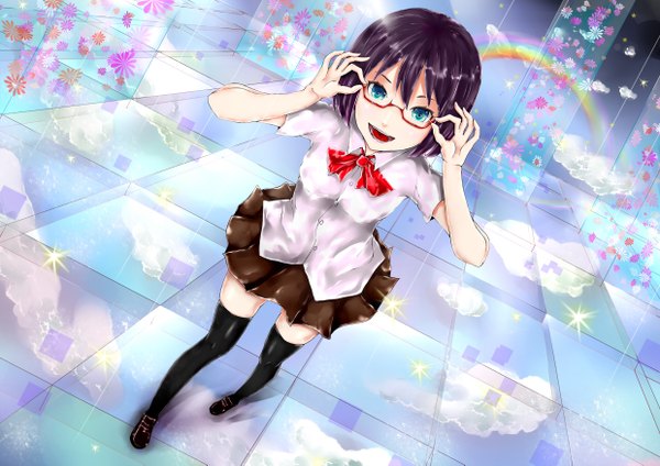 Anime picture 2480x1753 with original suy 922 single highres short hair open mouth smile standing sky purple hair cloud (clouds) pleated skirt aqua eyes sparkle dutch angle reflection rain transparent adjusting glasses girl