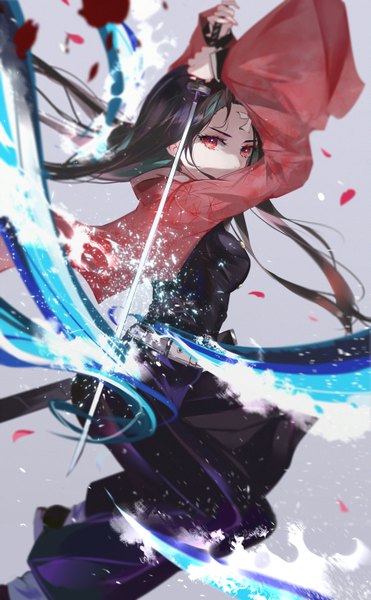 Anime picture 1979x3200 with kimetsu no yaiba ufotable kamado nezuko vardan single long hair tall image looking at viewer highres breasts black hair simple background red eyes holding traditional clothes japanese clothes grey background wide sleeves arms up floating hair