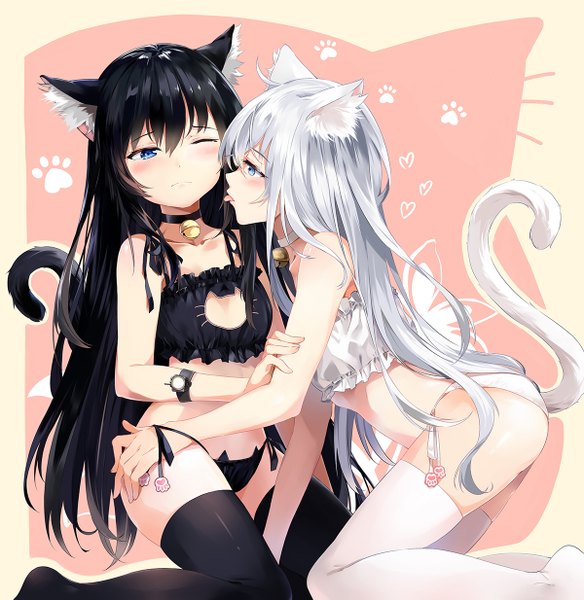 Anime picture 1200x1233 with kantai collection hibiki destroyer akatsuki destroyer neko (yanshoujie) long hair tall image blush blue eyes light erotic black hair multiple girls animal ears white hair tail animal tail cat ears cat girl cat tail underwear only shoujo ai