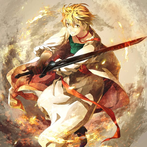 Anime picture 1652x1652 with magi the labyrinth of magic a-1 pictures ali baba saluja suzuneko-rin single looking at viewer fringe short hair blonde hair smile hair between eyes yellow eyes grin boy weapon sword