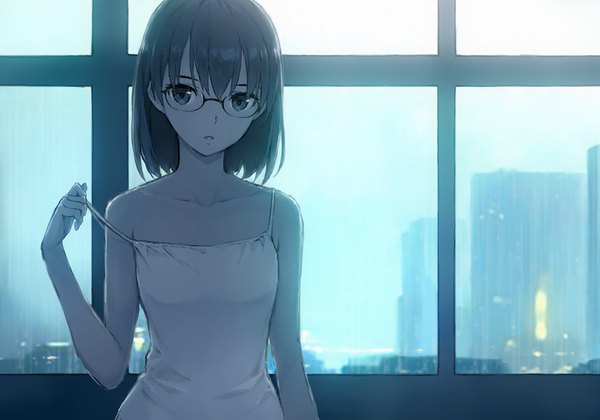 Anime picture 1184x830 with original morisawa haruyuki single looking at viewer fringe short hair hair between eyes standing upper body parted lips grey hair grey eyes city cityscape polychromatic girl glasses window camisole