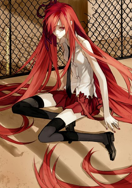 Anime picture 704x1000 with vocaloid usotsuki no parade (vocaloid) hatsune miku psd (pixiv) single tall image fringe red eyes sitting bare shoulders looking away ponytail red hair very long hair pleated skirt hair over one eye side ponytail alternate hair color girl thighhighs