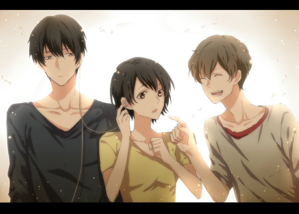 Anime picture 1100x787 with zankyou no terror mappa twelve nine mishima risa fringe short hair breasts open mouth black hair brown hair brown eyes eyes closed multiple boys happy letterboxed glow hand on headphones trio girl
