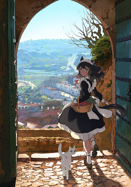 Anime picture 900x1280 with original kaisen single long hair tall image looking at viewer black hair green eyes animal ears sky full body tail animal tail looking back cat ears maid cat girl cat tail city cityscape