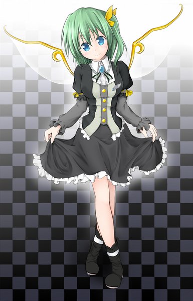 Anime picture 1024x1593 with touhou daiyousei ebi senbei (artist) single tall image short hair blue eyes smile green hair checkered background girl wings