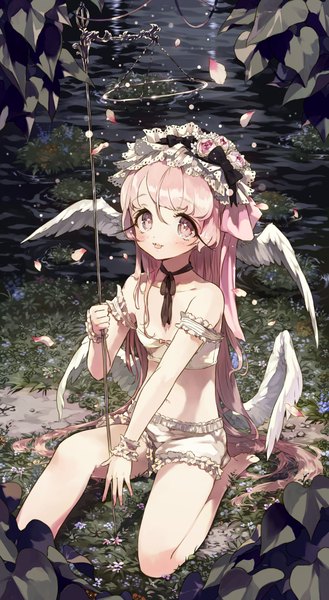 Anime picture 813x1483 with original tonito single long hair tall image looking at viewer blush smile holding pink hair :p head wings white wings girl flower (flowers) wings choker water lingerie bra