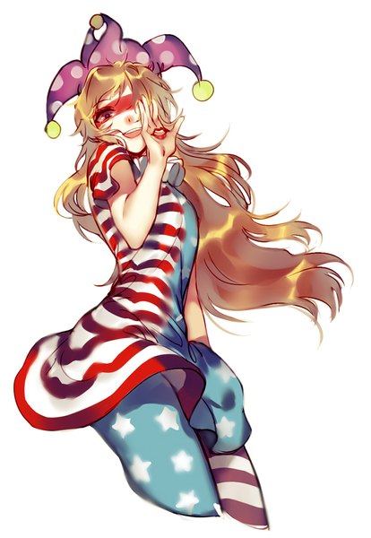 Anime picture 691x1000 with touhou clownpiece hug (yourhug) single long hair tall image looking at viewer fringe open mouth simple background blonde hair red eyes white background lips hair over one eye from below lipstick striped red lipstick polka dot
