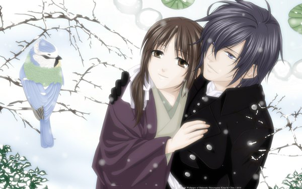 Anime picture 1920x1200 with hakuouki shinsengumi kitan studio deen tagme (character) saito hajime chizuru yukimura long hair fringe highres short hair black hair brown hair wide image brown eyes japanese clothes light smile hair over one eye grey eyes couple hug snowing