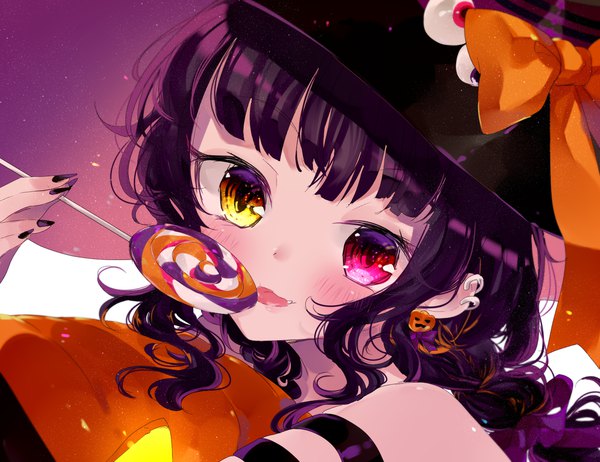 Anime picture 1300x1000 with original remimim single long hair looking at viewer blush black hair nail polish heterochromia piercing ear piercing halloween licking girl hat food sweets tongue candy lollipop