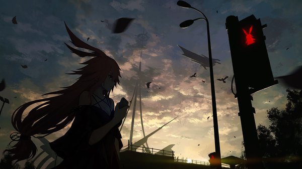 Anime-Bild 1440x810 mit benghuai xueyuan honkai (series) yae sakura yae sakura (goushinnso memento) hoshi o mite single long hair fringe breasts hair between eyes wide image standing bare shoulders holding animal ears looking away pink hair sky cloud (clouds) outdoors