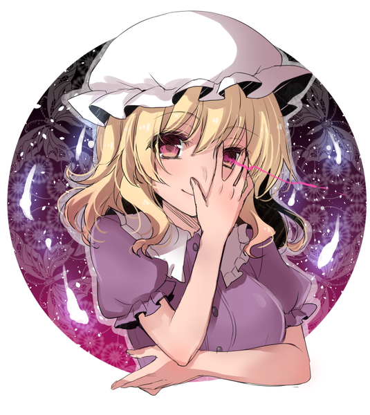 Anime picture 735x824 with touhou maribel hearn asa (coco) single long hair tall image fringe blonde hair smile hair between eyes upper body pink eyes glowing glowing eye (eyes) hand on face girl dress bonnet purple dress