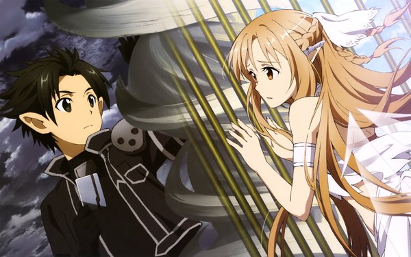 Anime picture 4067x2548 with sword art online a-1 pictures yuuki asuna kirigaya kazuto titania (alo) kawatsuma tomomi long hair highres short hair black hair brown hair brown eyes absurdres pointy ears black eyes scan official art girl dress boy