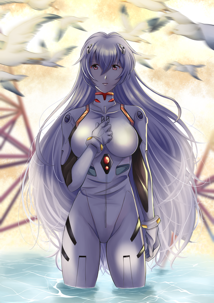 Anime picture 2894x4093 with neon genesis evangelion rebuild of evangelion evangelion: 3.0+1.0 thrice upon a time gainax ayanami rei user nanu7427 single tall image looking at viewer fringe highres breasts light erotic hair between eyes large breasts standing yellow eyes sky silver hair outdoors