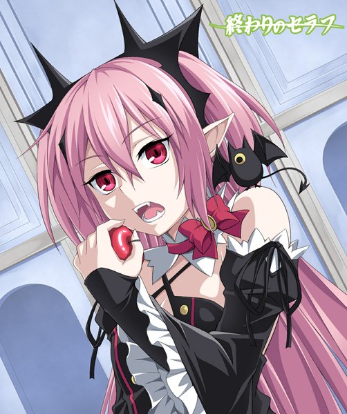 Anime picture 1000x1196 with owari no seraph wit studio kururu tepes arukanu kyuutou (kyuutouryuu) single long hair tall image fringe hair between eyes standing twintails bare shoulders holding looking away pink hair pink eyes pointy ears teeth fang (fangs)