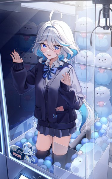 Anime picture 2000x3194 with genshin impact furina (genshin impact) leisurely otter (genshin impact) pora 0918 single long hair tall image blush fringe highres open mouth blue eyes hair between eyes looking away silver hair ahoge long sleeves :d multicolored hair two-tone hair