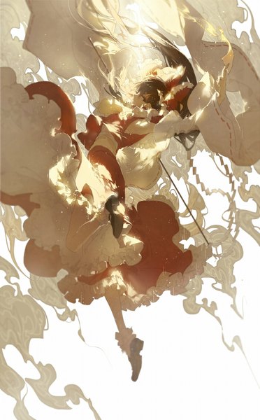 Anime picture 700x1127 with touhou hakurei reimu rella single long hair tall image looking at viewer simple background brown hair white background brown eyes ponytail traditional clothes miko midair girl skirt bow hair bow detached sleeves
