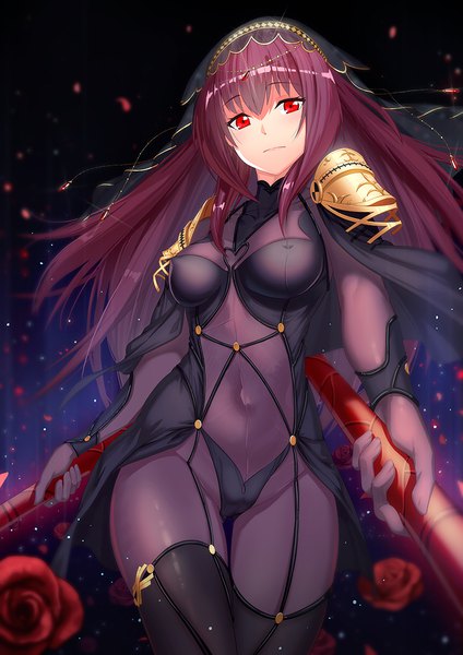 Anime picture 800x1131 with fate (series) fate/grand order scathach (fate) (all) scathach (fate) zhanzheng zi single long hair tall image looking at viewer breasts light erotic red eyes purple hair dark background girl flower (flowers) weapon rose (roses) bodysuit red rose