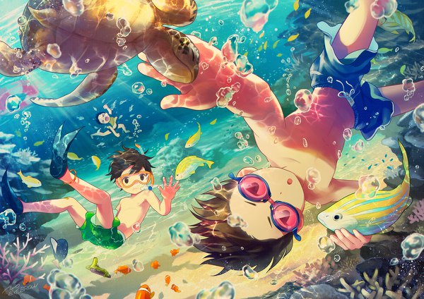 Anime picture 1200x848 with original noeyebrow looking at viewer short hair brown hair bare shoulders signed eyes closed multiple boys underwater > < boy bow animal bubble (bubbles) fish (fishes) goggles 3 boys reptile turtle