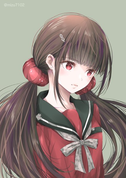 Anime picture 834x1179 with dangan ronpa new danganronpa v3 harukawa maki mizutama single long hair tall image fringe simple background red eyes brown hair twintails signed payot looking away upper body blunt bangs twitter username low twintails green background