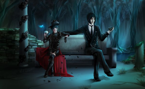 Anime picture 4092x2516 with kuroshitsuji a-1 pictures sebastian michaelis ciel phantomhive fringe highres short hair blue eyes red eyes wide image sitting blue hair absurdres nail polish multiple boys dark background gothic butler gloom aristocrat