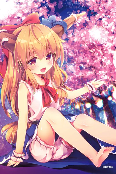 Anime picture 1000x1500 with touhou ibuki suika enjoy mix single long hair tall image looking at viewer blush fringe open mouth blonde hair smile hair between eyes red eyes sitting bare shoulders signed payot bent knee (knees) outdoors