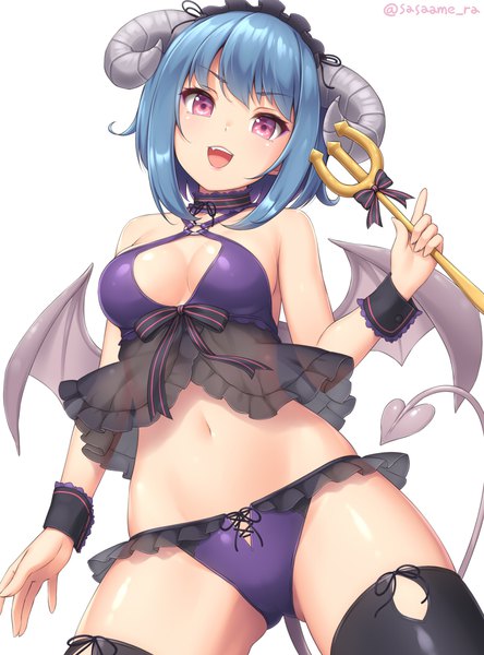 Anime picture 800x1080 with original sasaame single tall image looking at viewer blush short hair breasts open mouth light erotic simple background white background purple eyes bare shoulders holding signed blue hair cleavage tail horn (horns)