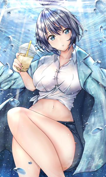 Anime picture 3250x5376 with original nuts p nuts single tall image looking at viewer blush fringe highres short hair blue eyes light erotic hair between eyes holding blue hair absurdres parted lips head tilt midriff underwater clothes on shoulders