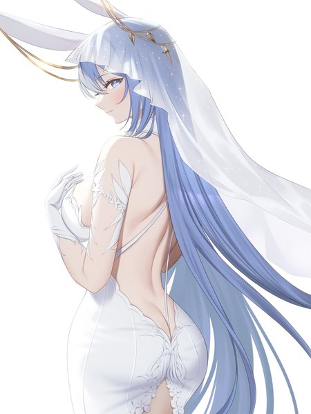 Anime picture 1800x2400 with azur lane new jersey (azur lane) new jersey (snow-white ceremony) (azur lane) zzo (chorizzzzo) single tall image looking at viewer blush fringe highres breasts blue eyes light erotic simple background hair between eyes large breasts white background animal ears blue hair upper body