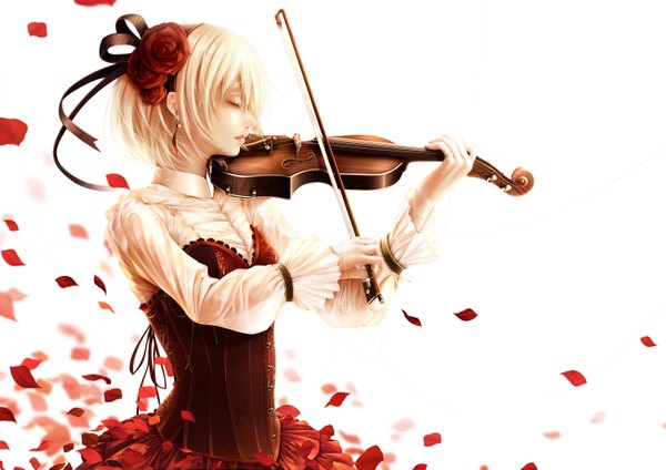 Anime picture 3000x2121 with original bouno satoshi single highres short hair white background white hair eyes closed profile hair flower playing instrument girl dress hair ornament flower (flowers) petals musical instrument violin bow (instrument)